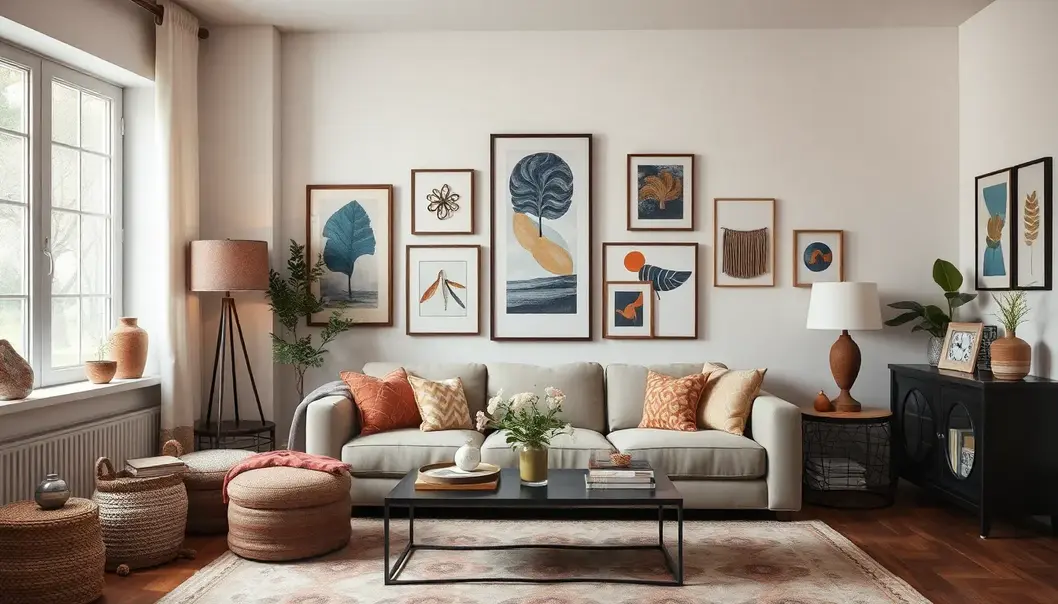 Cozy living room with various affordable art pieces creating a warm ambiance.