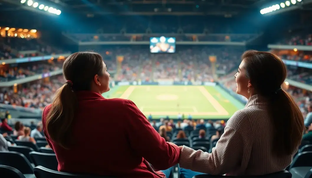 A couple holding hands, watching a women's sports event in a stadium, surrounded by a joyful atmosphere.