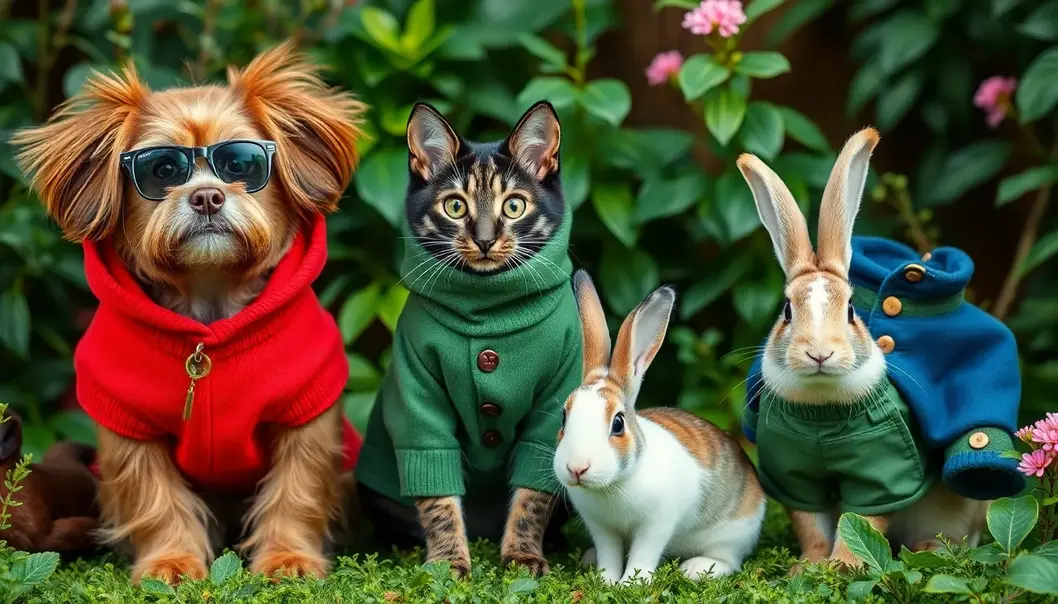 Pets wearing eco-friendly outfits amidst greenery.