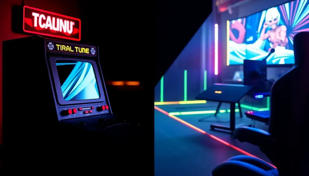 Comparison of a classic arcade setup with a modern eSports gaming station, illustrating the evolution of video games.