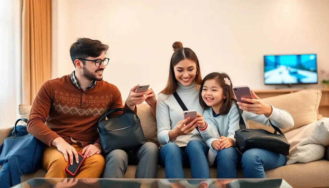 A family interacting with wearable tech, smart bags, and smartphones in a living room.