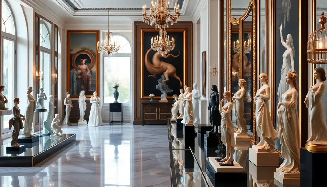 Luxurious gallery with a collection of detailed figurines under elegant lighting.